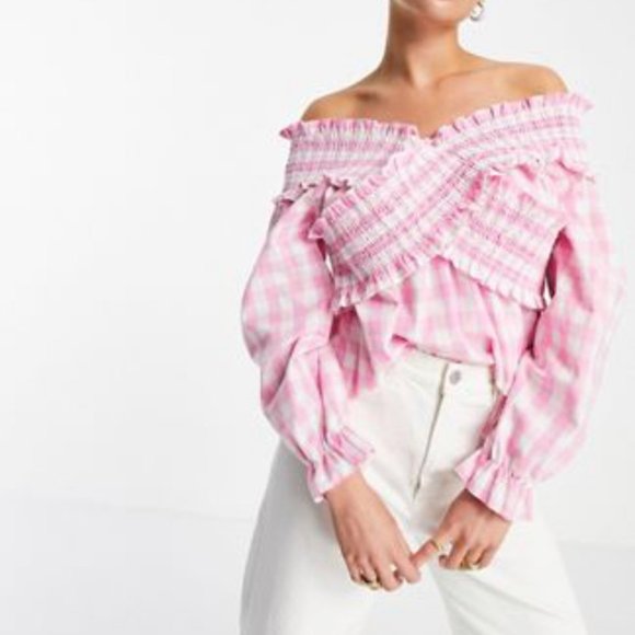 NWOT ASOS DESIGN shirred shoulder long sleeve top in pink check US 8 - Picture 1 of 6